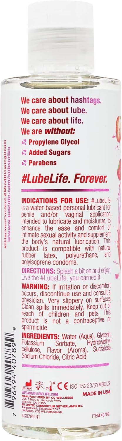 Lube Life Water-Based Strawberry Flavored Lubricant, Personal Lube for Men, Women and Couples, Made Without Added Sugar, 8 Fl Oz