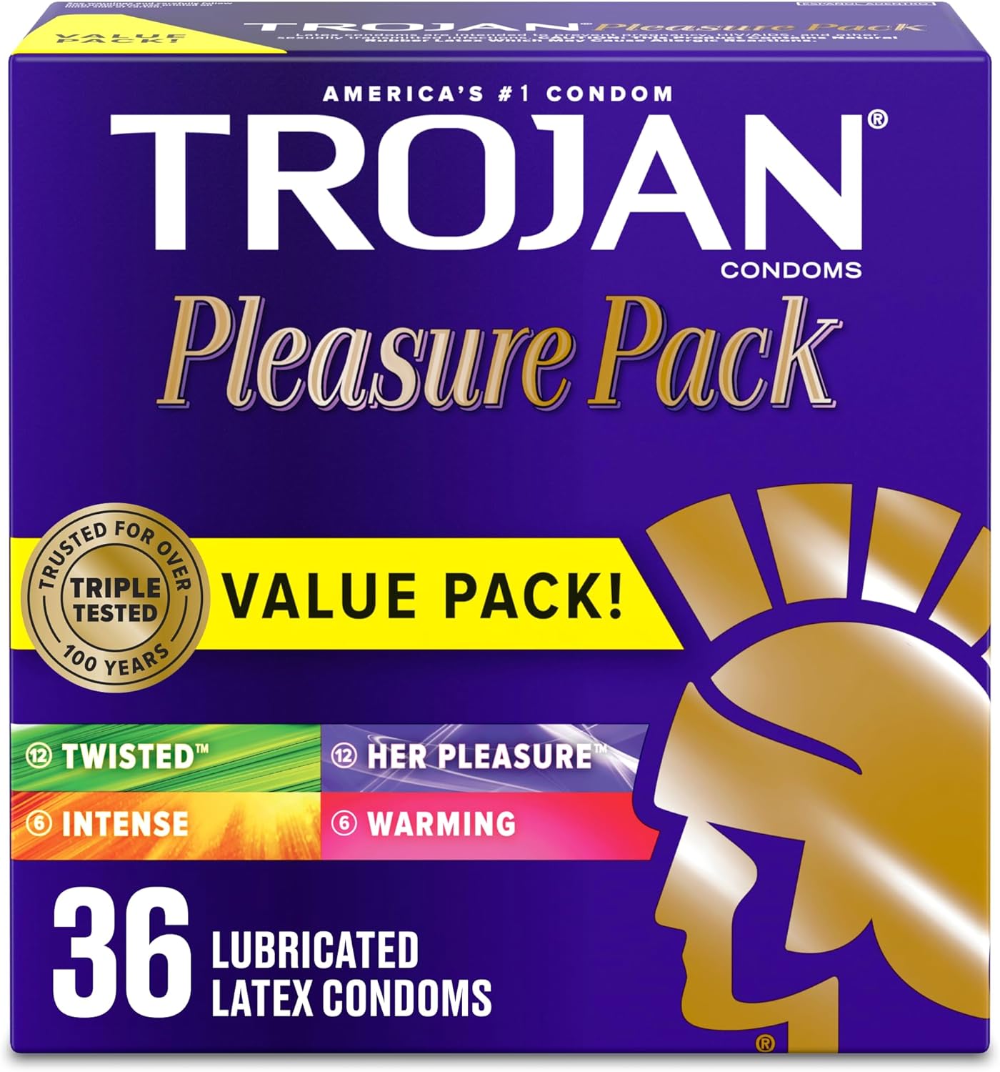 TROJAN Pleasure Pack Assorted Condoms, Lubricated Condoms Value Pack, 36 Count