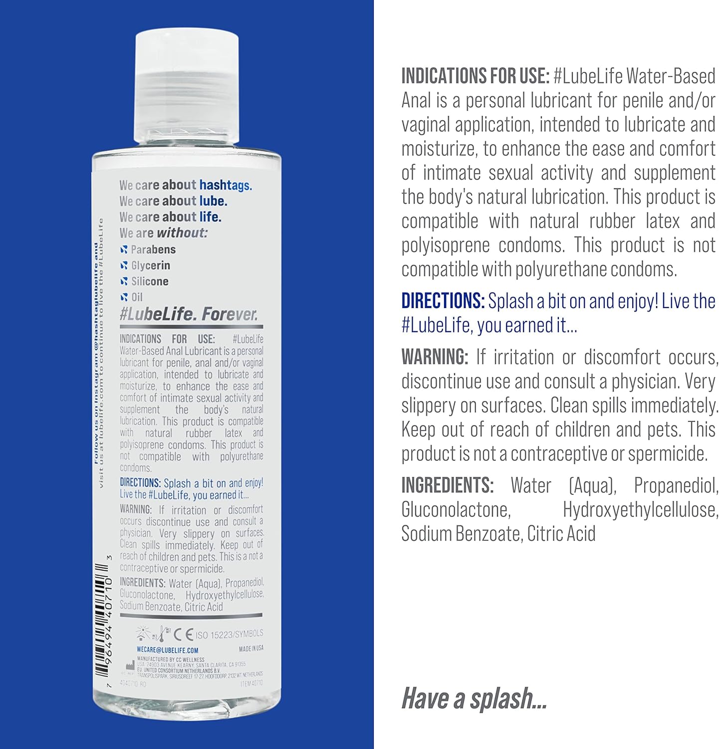 Lube Life Water-Based Anal Lubricant, Personal Backdoor Lube for Men, Women and Couples, Non-Staining, 8 Fl Oz