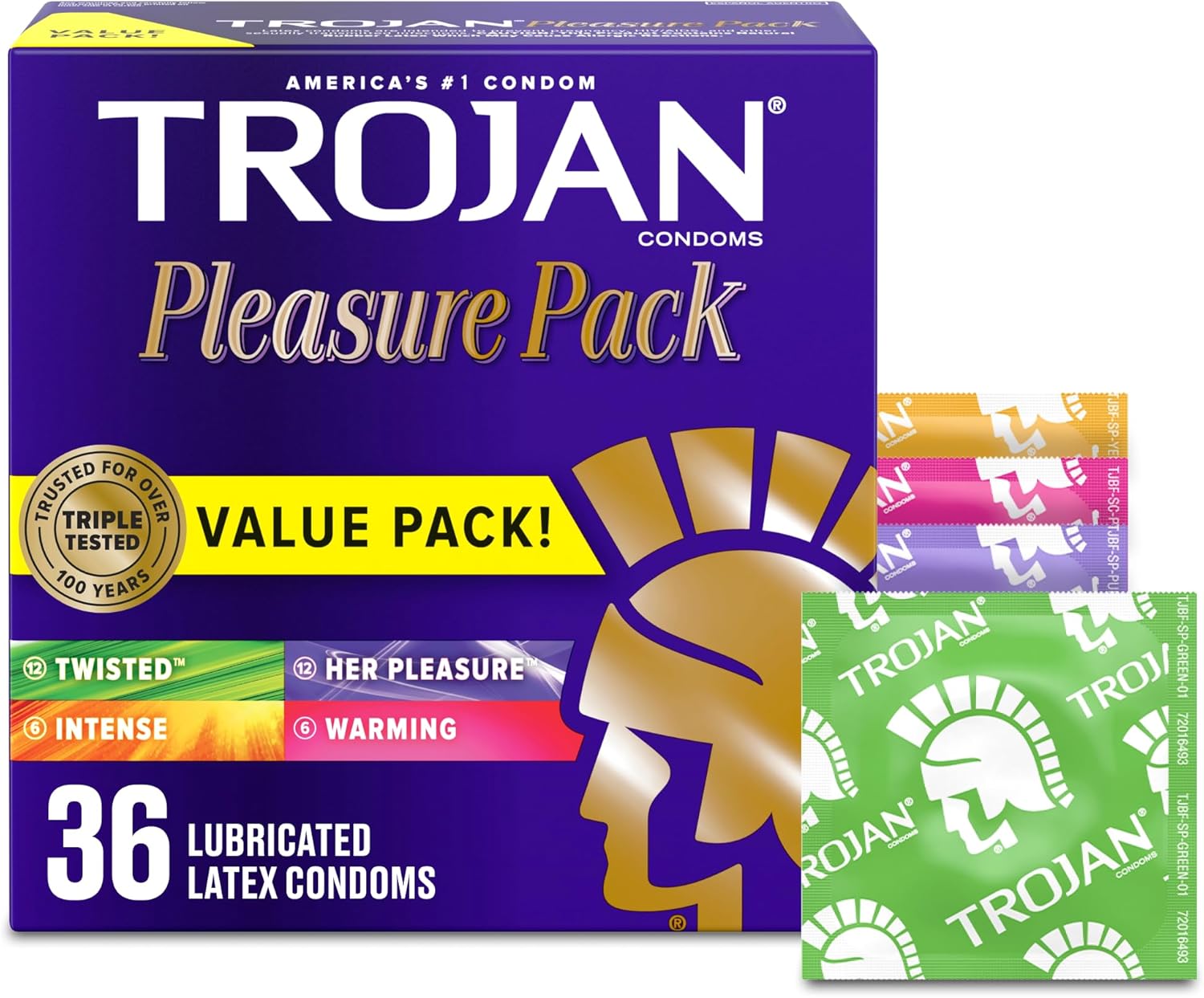 TROJAN Pleasure Pack Assorted Condoms, Lubricated Condoms Value Pack, 36 Count